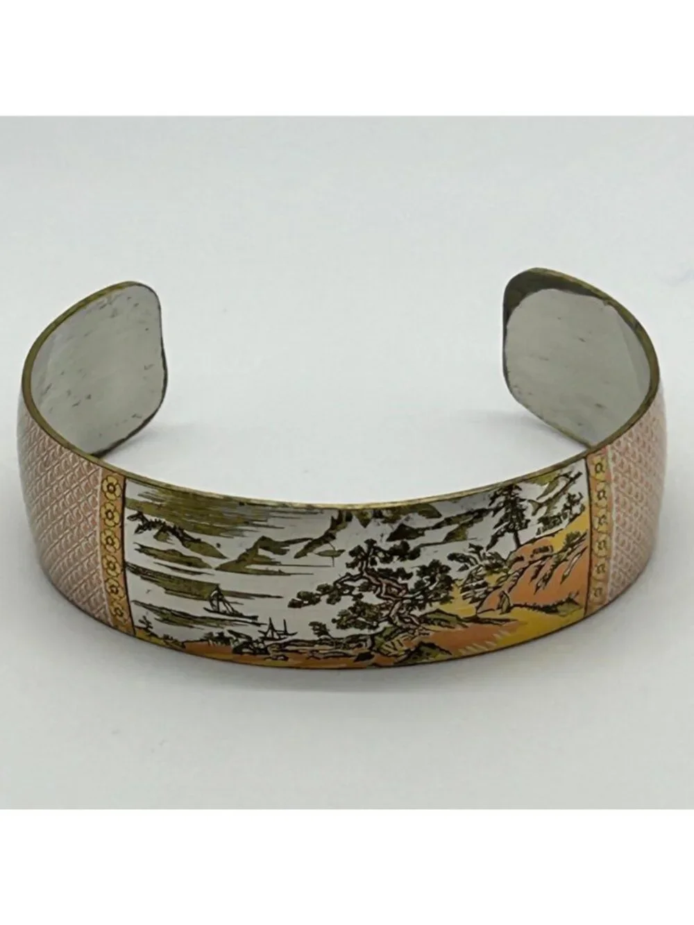 Reed Barton Damascene Cuff Bracelet Vintage Asian Landscape Mix Metal Tone